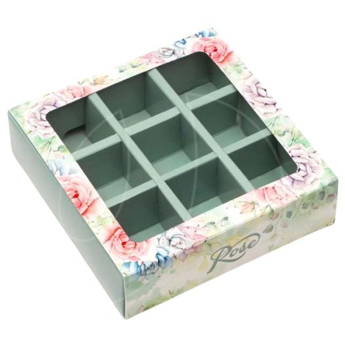 Коробка на 9 конфет с окном "Розы" 13,8х13,8х3,8 см КУ-266